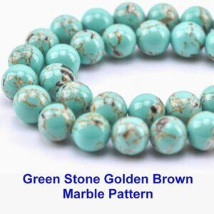 Green Stone Golden Brown Marble Pattern Beads  15" Strand